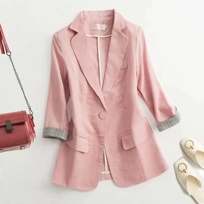 

Женский офисный Блейзер, элегантный облегающий пиджак с отложным воротником, Однотонный женский костюм на пуговицах с рукавом три четверти, пальто для работы, 2023