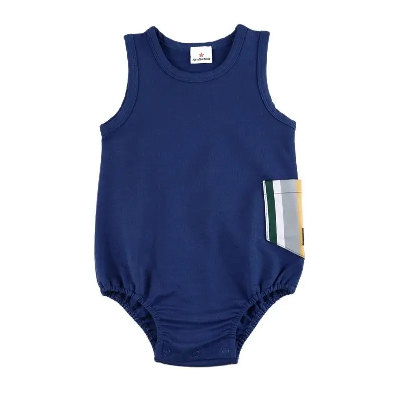 AA-Baby Romper Blue Knitted Denim sleeveless side striped pocket baby boy & girls clothes baby overall round neck family set cotton romper