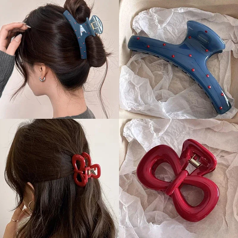 1/2pcs Vintage Elegant Polka Dot Red Bow Hair Clip Shark Claw Clamp Hairpin Barrette Korean Hair Headwear Accessories For Women_voghion.com