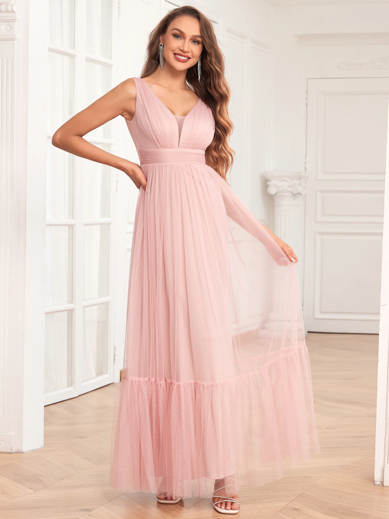 

Women's Elegant Double V Neck Sleeveless Tulle Fully Lined Evening Gown A-Line Fluffy Tulle Wedding Bridesmaid Party Cocktail