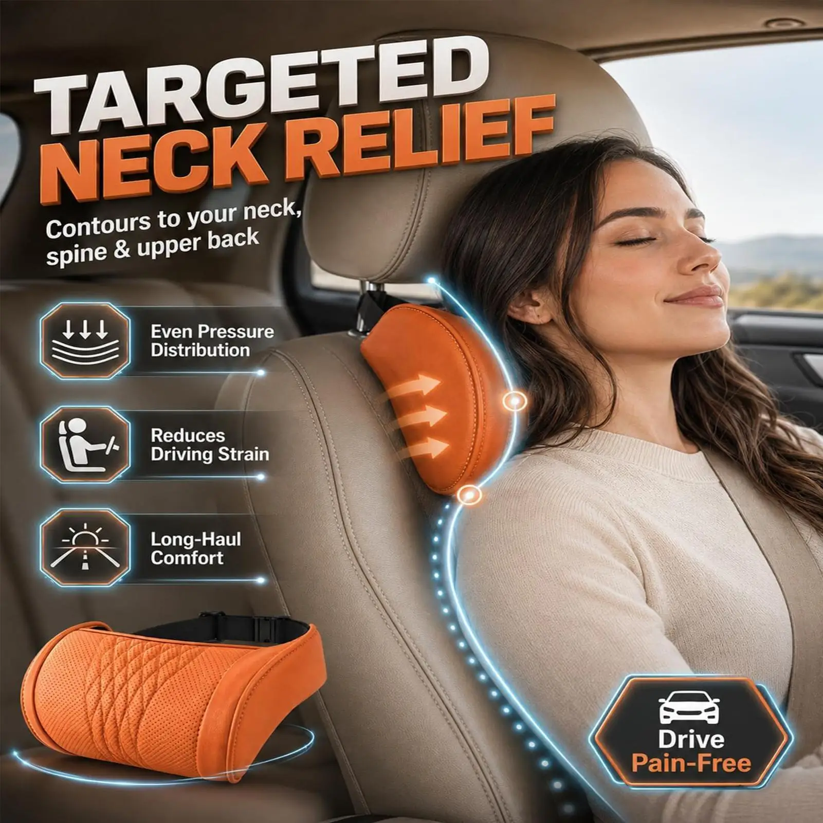 Luxurious Memory Foam Car Neck Pillow - Premium PU Leather Headrest Cushion with Adjustable Straps and Universal Comfort and Support