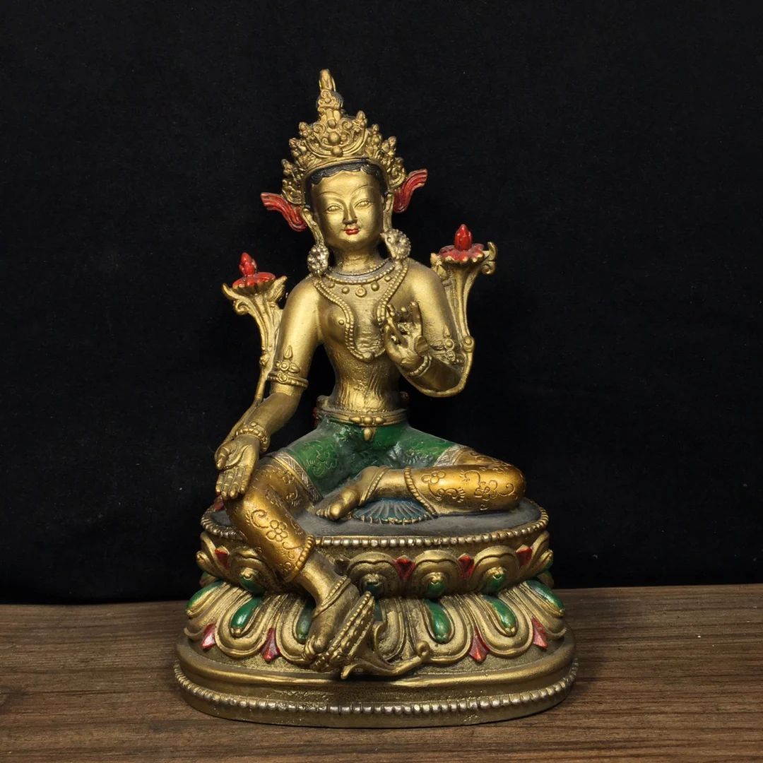 

9"Tibetan Temple Collection Old Bronze Painted Green Tara Bodhisattva Buddha Lotus stage Worship Hall Town House Exorcism