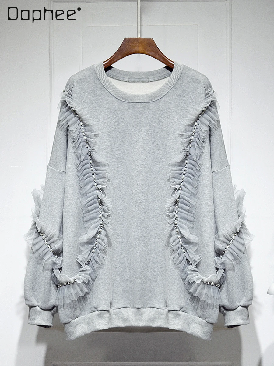 Повседневная Толстовка на флисовой подкладке с кружевной волнистой шнуровкой, Женская Новинка зимы 2023, милая Женская толстовка с бисером для похудения, Топ