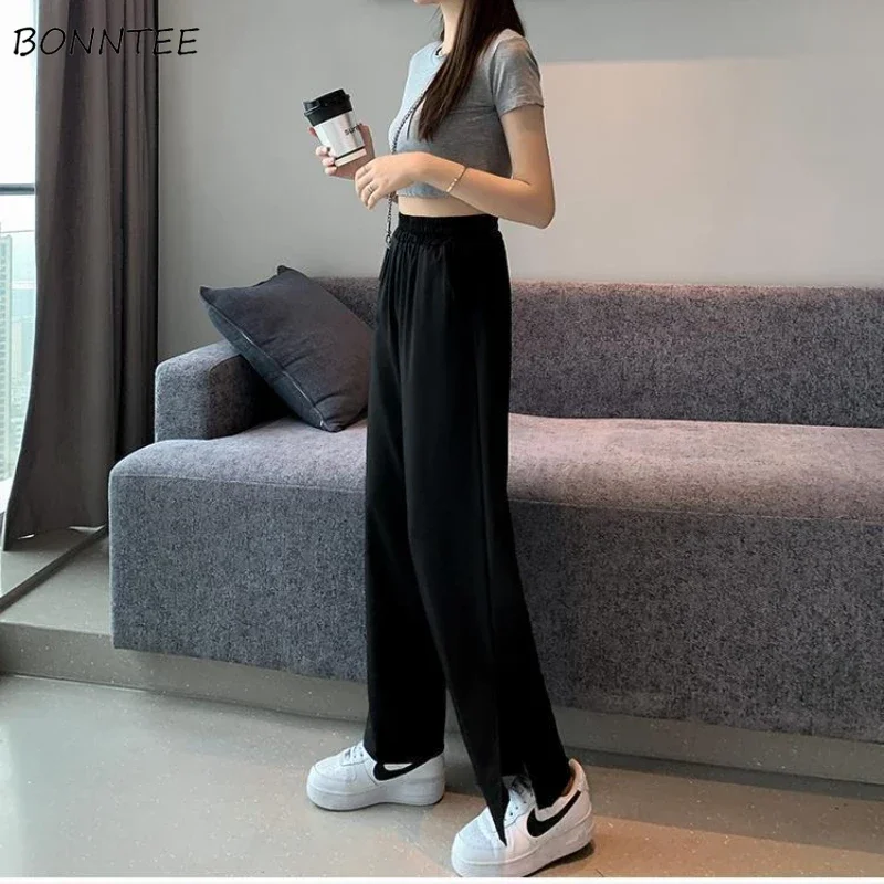 

Брюки женские с завышенной талией, модные однотонные мешковатые удобные универсальные простые уличные штаны до щиколотки, с Боковым Разрезом, весна