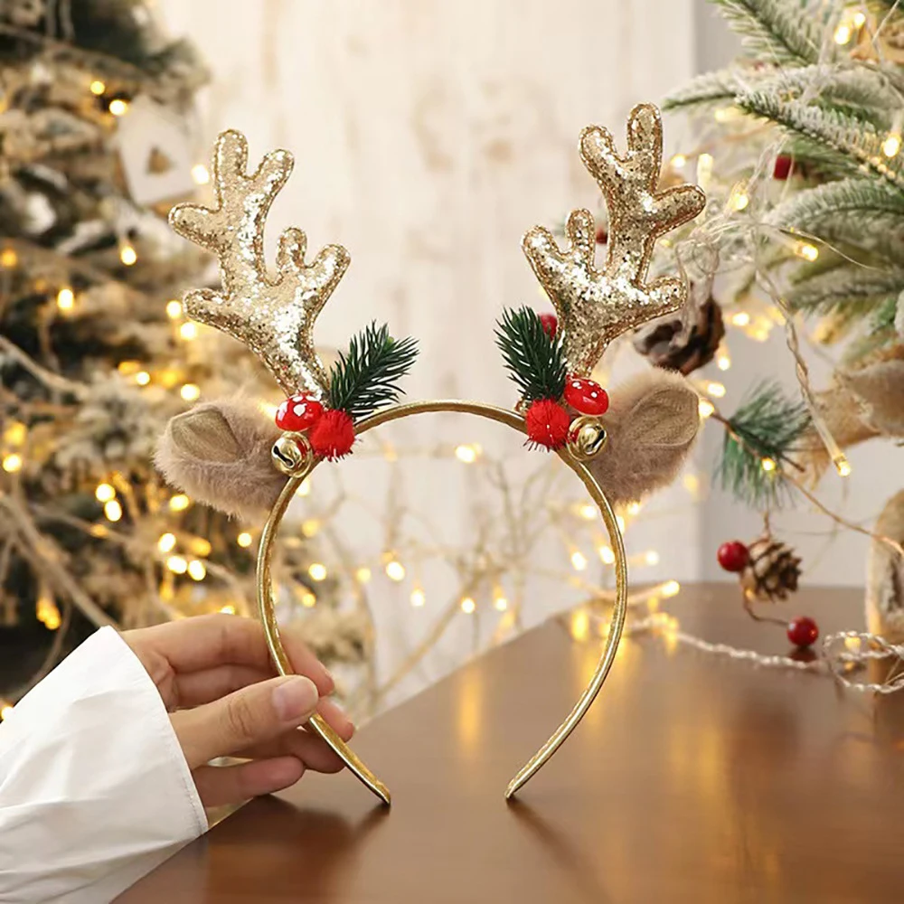 Christmas Headbands Sequins Reindeer Antlers Ears Hair Clips Women Girl Halloween Party Cosplay Headdress