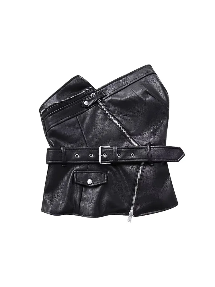 

TRAF Women Faux Leather Sexy Slim Tube Tops 2023 Autumn With Belt Backless Solid Off-Shoulder Bustiers Tops