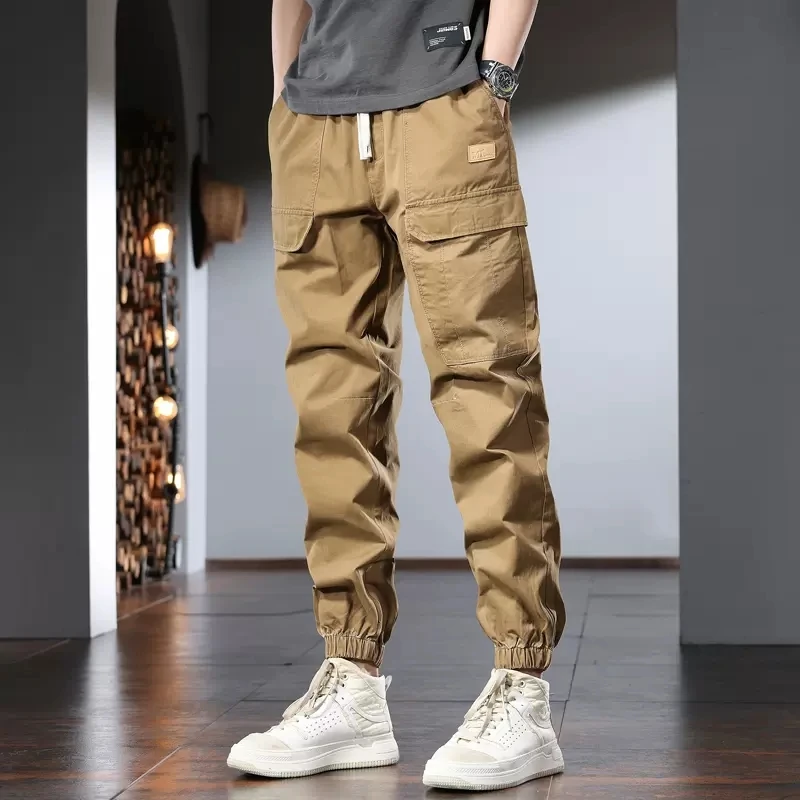 Summer Khaki Cotton Men's Cargo Pants Streetwear Tactical Casual Loose Elastic Waist Trousers