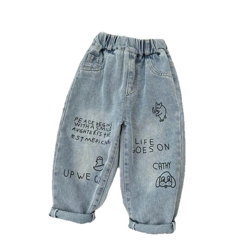 thumbnail image 1 of Kid's Denim Pants Boys' Cartoon Letter Jeans Girls' Casual Trousers Spring and Autumn Children's Clothing 1-6 Years, 1 of 6