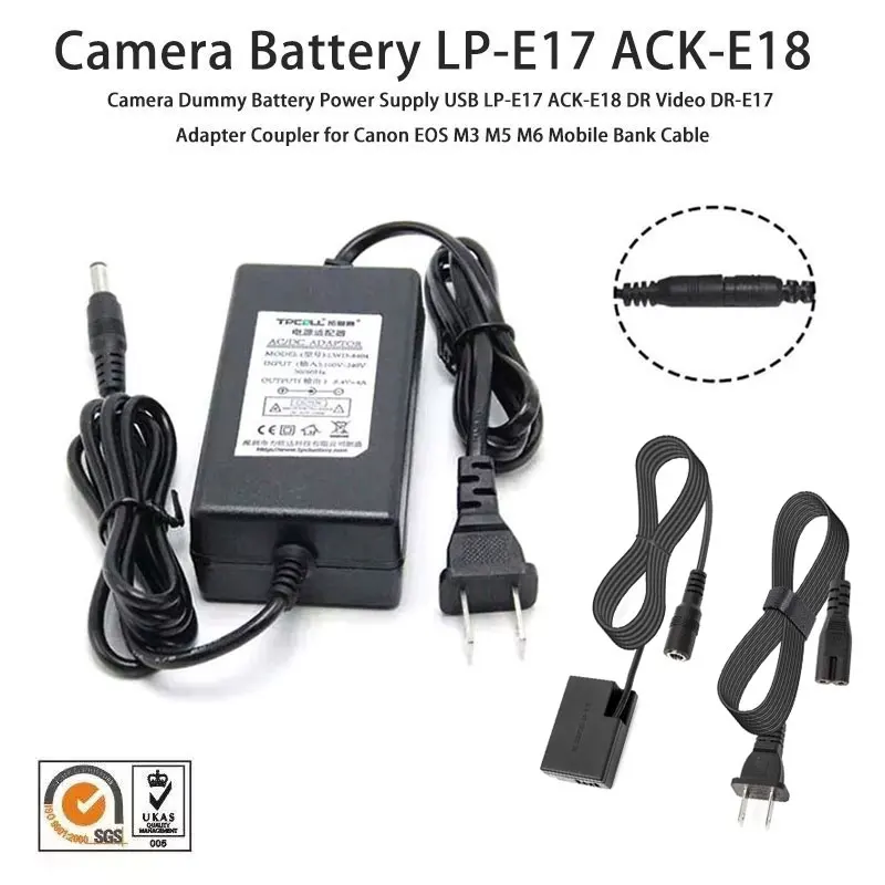 

ACK-E18 DR-E18 DC Coupler LP-E17 Dummy Battery AC Power Adapter Kit for Canon EOS Rebel SL2 SL3 T6i T6S T7i T8i 200D II 250 X9i