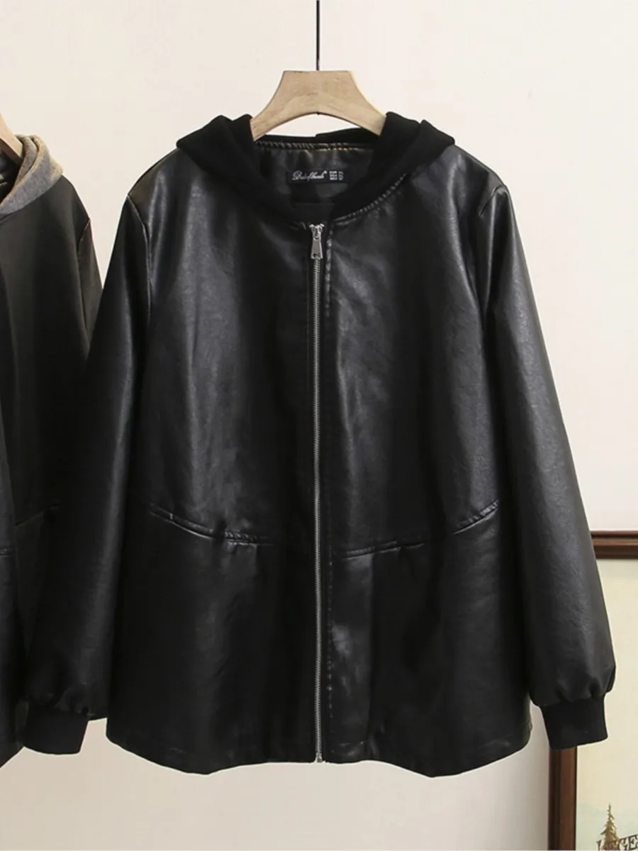 Washed PU Leather Hooded Jacket for Women, Casual Clothes, Female Coats, Spring and Autumn Fashion, Plus Size