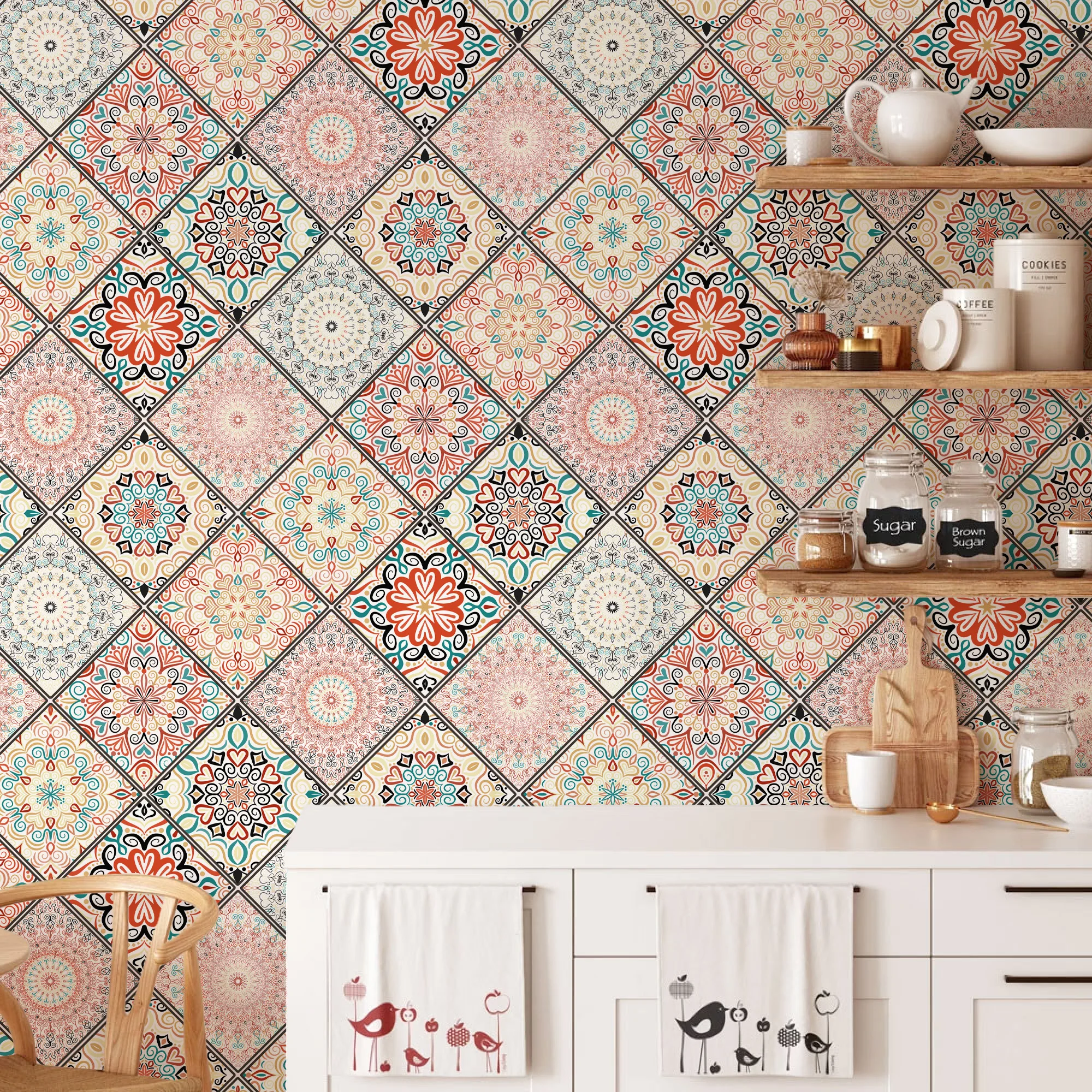 วอลเปเปอร์ลายแมนดาลา พอร์เชีย โมร็อกโก สไตล์โมเดิร์น แบบติดเอง กระเบื้องติดผนัง DIY กันน้ำ กันน้ำมัน สำหรับห้องครัว 1