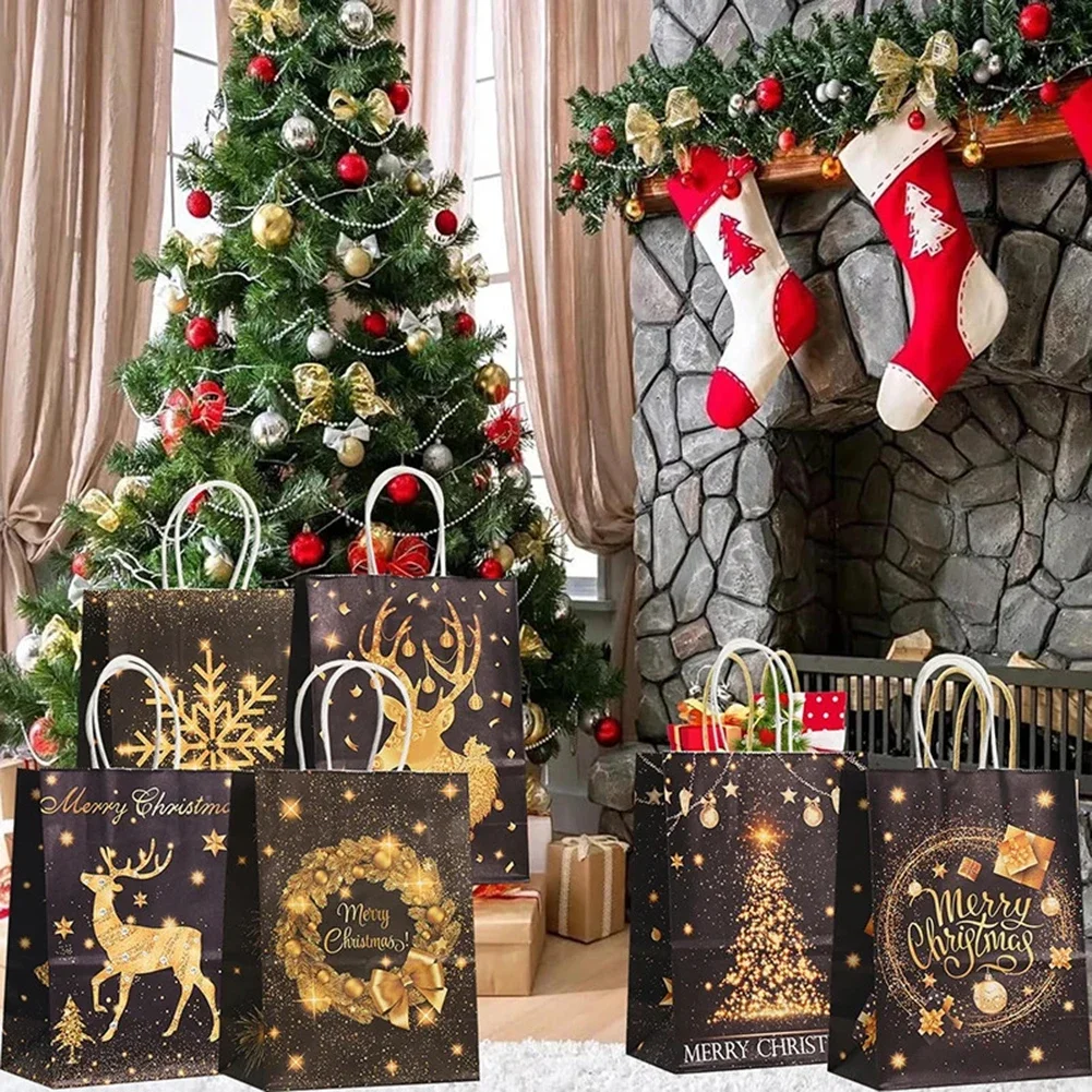 12PCS Christmas Candy Bags With Handle Christmas Kraft Paper Bags New Year Tree Elk Snowflakes Gifts Box Xmas Bag christmas gift bags christmas candy packaging