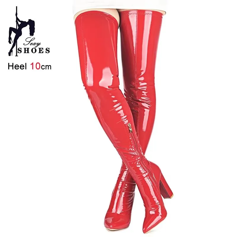 2024 Spring And Autumn Over The Knee Boots Ladies Elastic Leather Chunk Heels Pointed Shoes Thigh High Boots For Plus Size Women