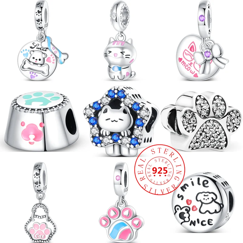 

New 925 Silver Pet Cat Dog Pendant Food Bowl Paw Print Sparkling Lovely Beads Fit Original Pandora Charms Bracelet Fine Jewelry