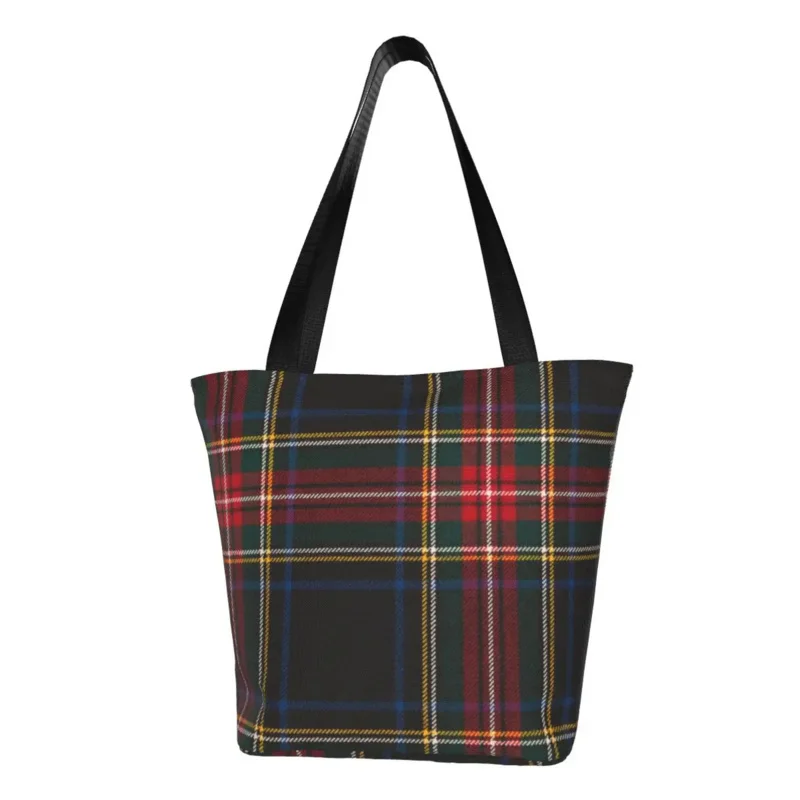 

Custom Luxury Black Tartan Plaid Canvas Shopping Bags Women Portable Groceries Geometric Gingham Check Texture Shopper Tote Bags