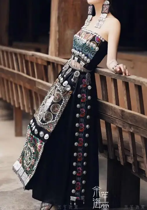 

Китайское платье Hmongb, женское летнее черное платье Miao Dance