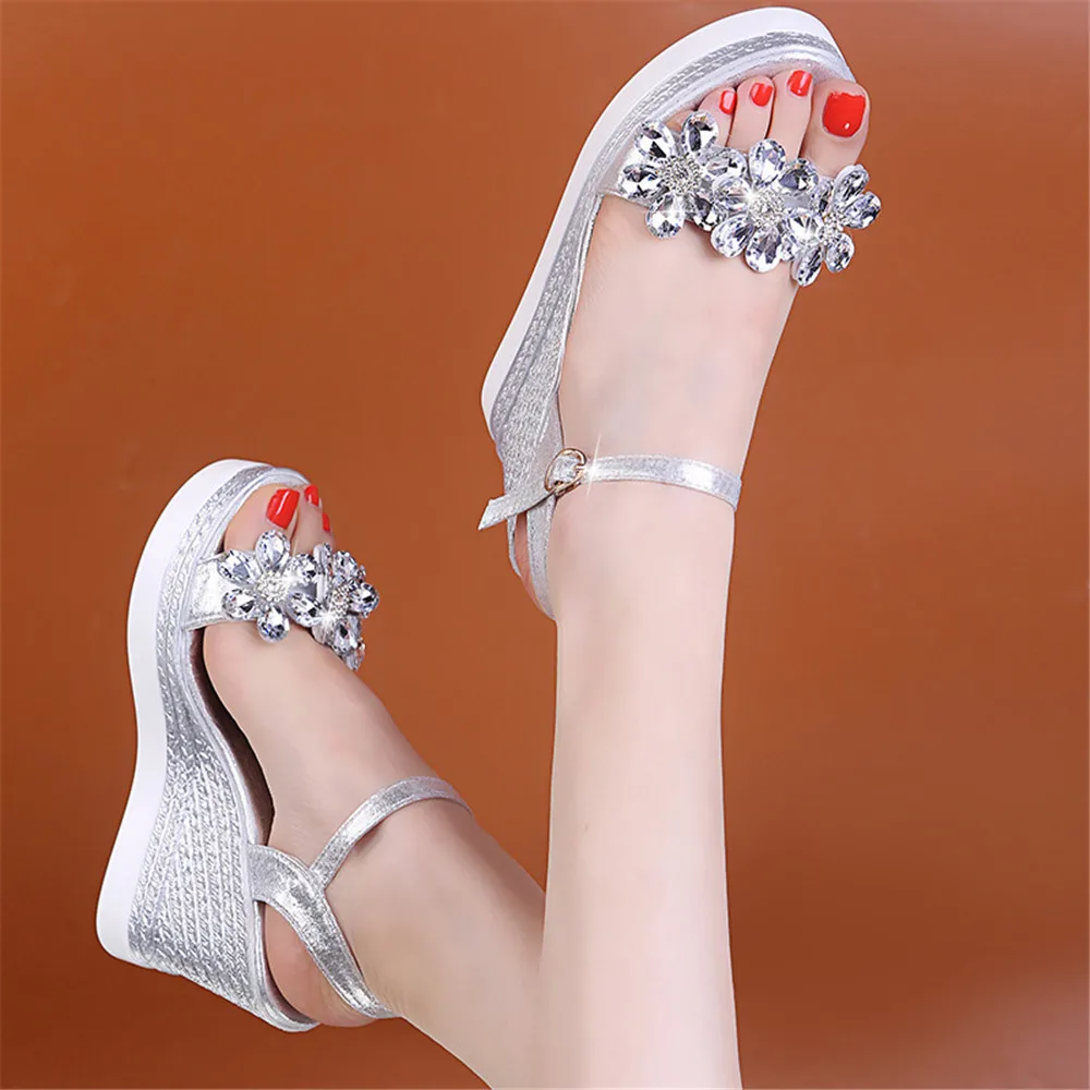 Women High Heels Platform High Heels Sandals Ankle Buckle Sandals Female Ankle Strap Buckle Rhinestone Crystal Sandals Summer Women Round Toe High Heels Fashion Ladies Wedges Shoes Gold