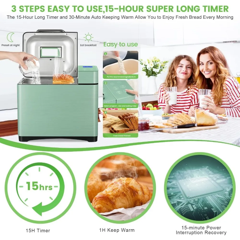 2.2LB Large Bread Maker Machine-Dual Heaters, 17-in-1 Breadmaker with Gluten-Free, Pizza Dough, Jam,