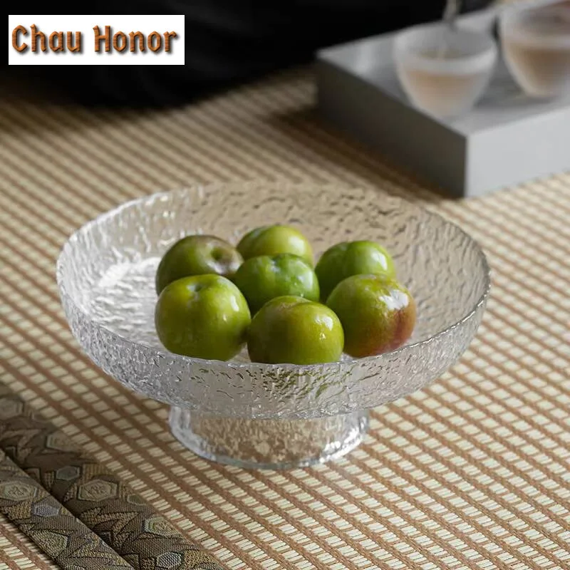 Stone Grain Glass Fruit Tray Modern Simple High Foot Fruit Tray Living Room Tea Table Household Tea Tray Snack Tray Customized