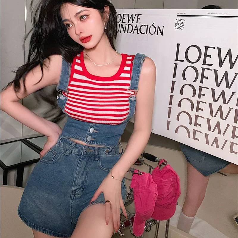 Y2K Removable Denim Suspenders Shorts Female Summer Ins Tide Thin Retro Roll Edge High Waist Straight Tube Slim