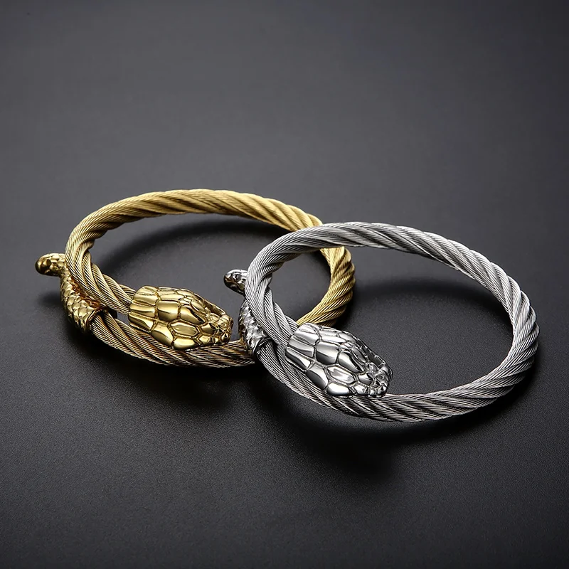 Fongten Punk Animal Snake Men's Spiral Twisted Chain Bracelets Stainless Steel Cable Bracelets For Men Gothic Bangle Jewelry bangle bracelet stainless steel bracelet chain bracelet