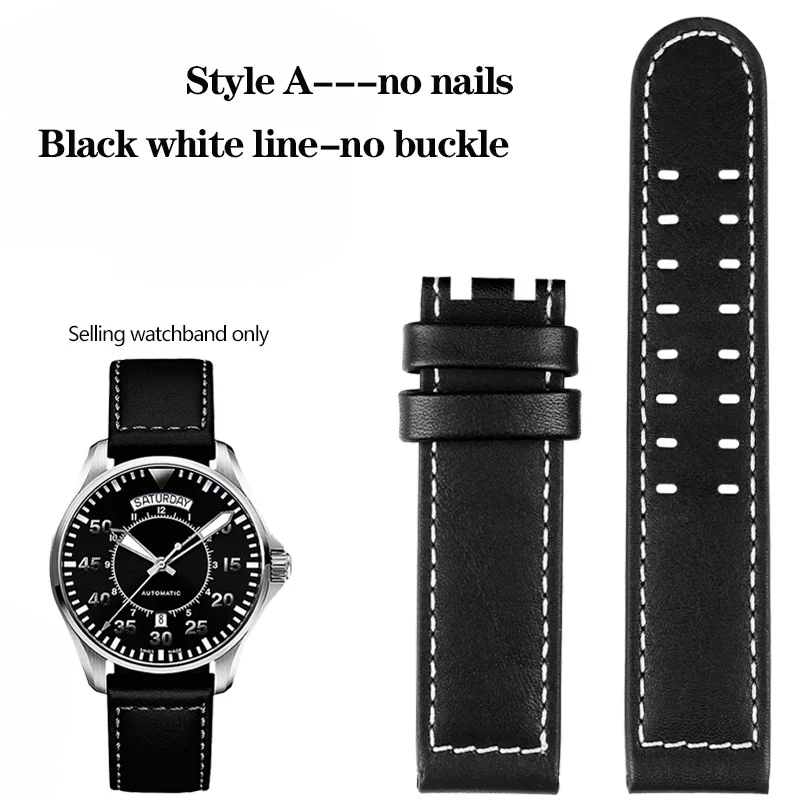 thumbnail image 1 of Correa de reloj de cuero genuino con clavos de 20 mm y 22 mm para la serie Hamilton Khaki H77616533 H70615733 Correa de reloj para hombre, 1 of 5