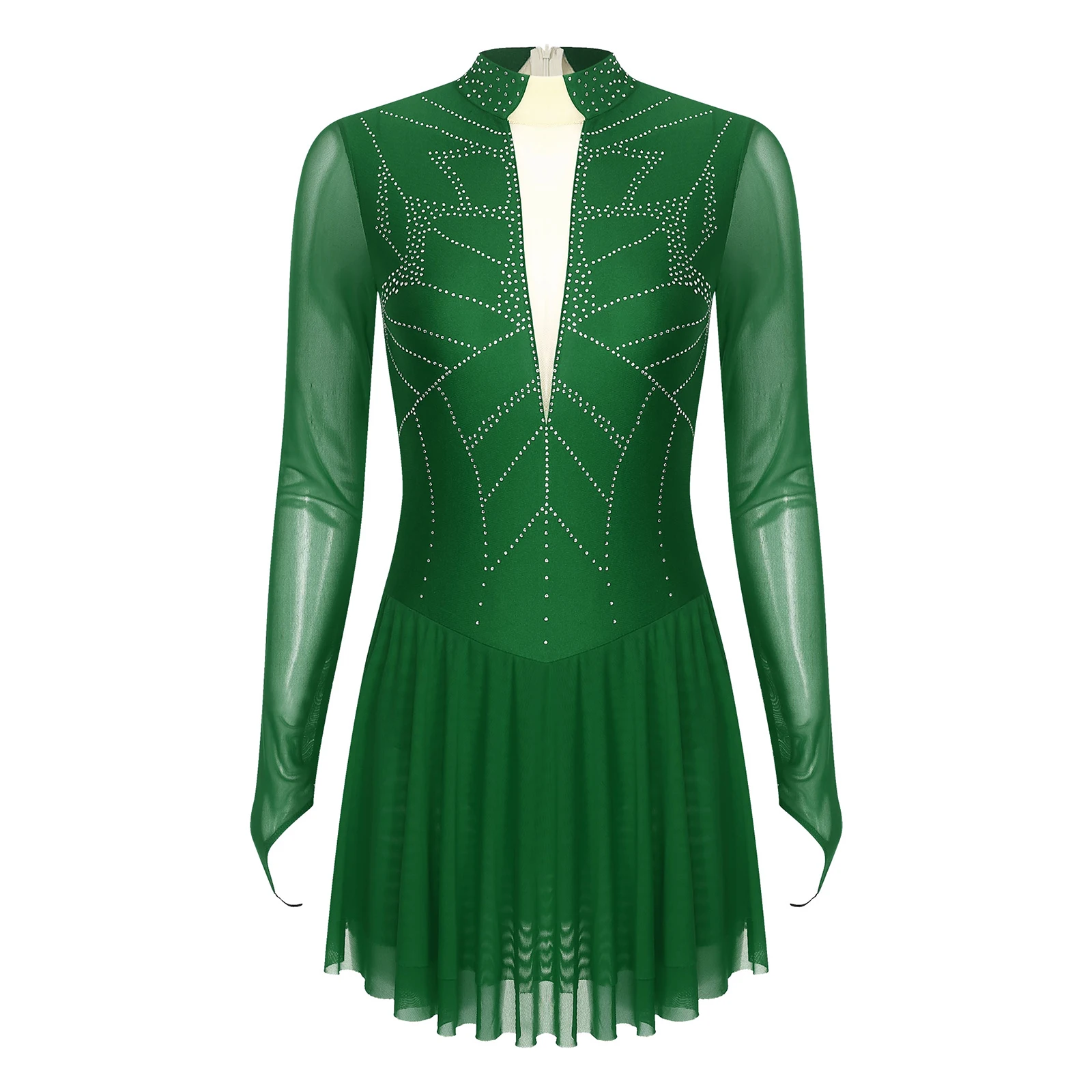 Women's Rhinestone Figure Ice Skating Dress Mesh Spliced Long Sleeve Roller Skating Dance Gymnastic Lyrical Performance Costumes