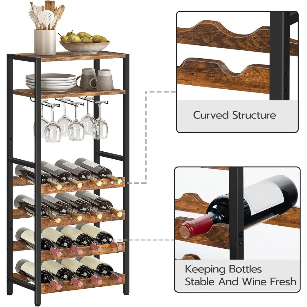 Freestanding Wine Rack, 16-Bottle Wine Storage Rack with Tabletop and Glass Holder, 6-Tier Bar Rack, Rack