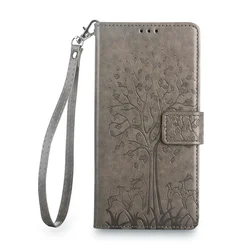 Leather Wallet Phone Case with Card Slots and Magnetic Closure - Tree Design for Honor X6 - X6S (GRAY)