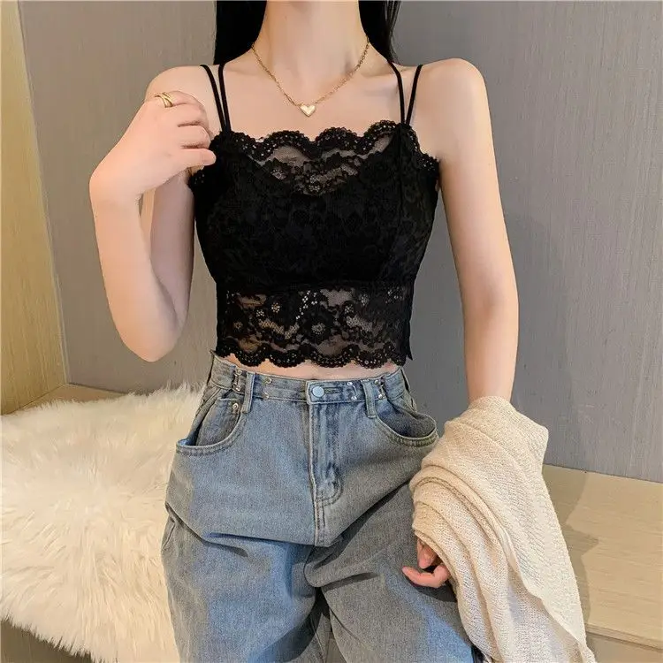 Camis Women Lace Hotsweet Crop Tops Slim Designer Solid Sexy Temper Inner All-match Summer New-arrival Females Chic Korean Style