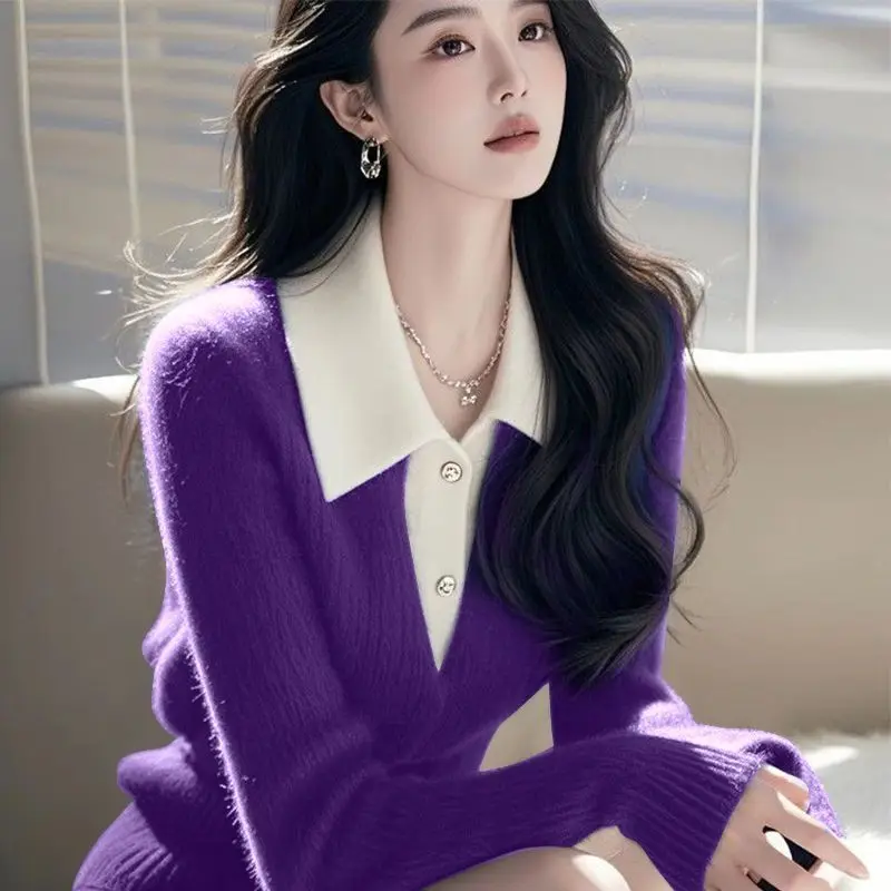 2025 Winter Women This Year, A Unique and Beautiful Knitted Top Is Popular. Milk Fufu Lazy with A Purple Fake Two-piece Sweater.