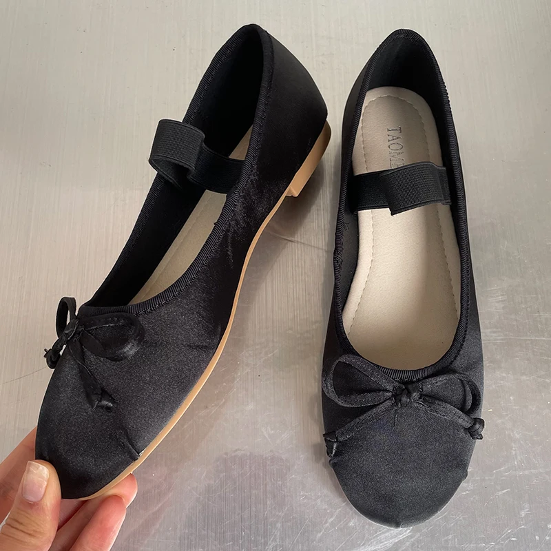 Pink Footwear Silk Women Ballet Flats Shoes Female Round Toe