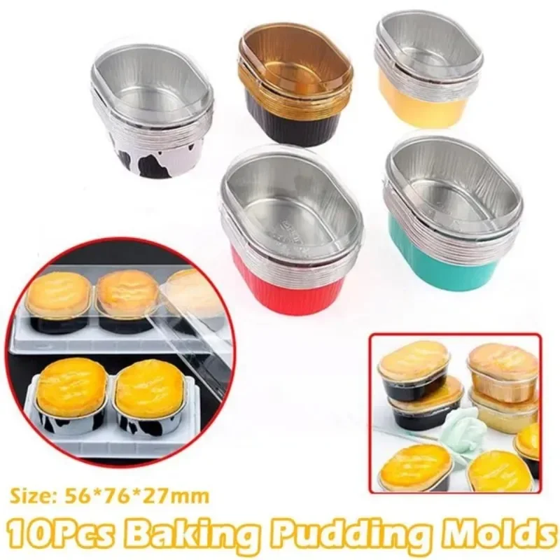 10Pcs Oval Foil Baking Molds DIY Baking Pudding Cups Heat Resistant Lid Cake Cups Half Cooked Cheese Molds