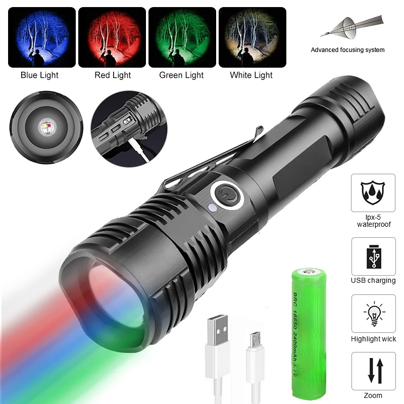 

Tactical Zoomable LED Flashlight Red/Green/Blue/White light Torch Outdoor Fishing Light Waterproof with 18650 Battery Charger