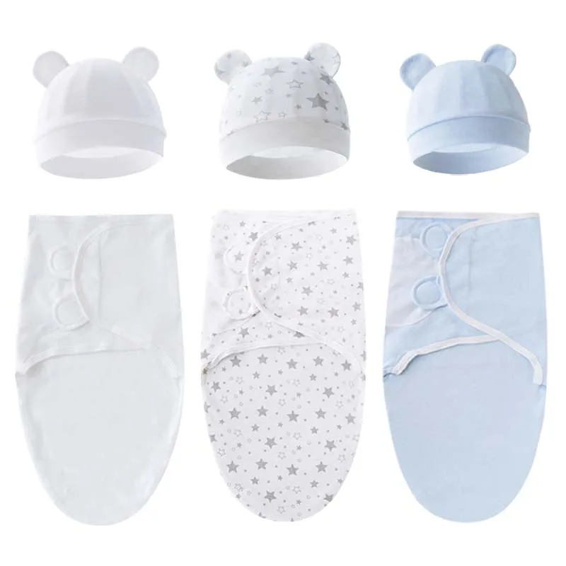 100% Cotton Baby Blanket Swaddle Wrap and Hat Set Boys Girls Newborn Sleeping Bag Adjustable Infant Swaddle Babies Stuff 0-6M