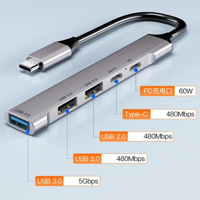 Hub Usb C 4 In1 Porte Multi Usb Usb3.0 Usb2.0 Docking Station Typec Pd60W Hub Dati Veloce Adattatore In Lega Di Alluminio Ultraslim