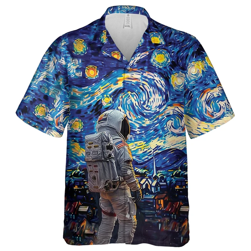 thumbnail image 1 of Camisas hawaianas con estampado 3D de astronauta para hombre, camisas con solapa de astronauta, camisetas holgadas con botones para la calle, mangas cortas, estilo hawaiano, 1 of 5