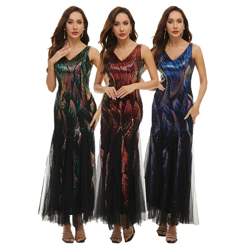 

Evening Dress Luxurious Empire Sleeveless Floor-Length Zipper Back Mermaid Sequins New Plus size Women Formal Party Gown C1607