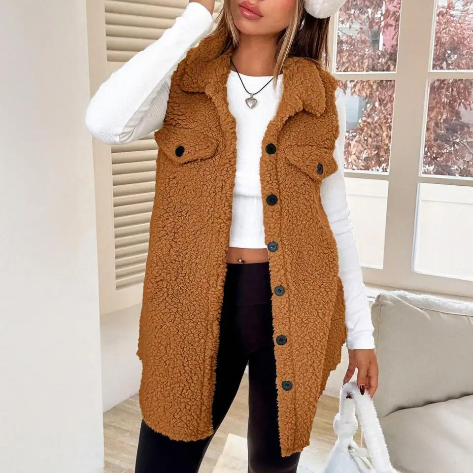 Gilet Polaire Femme Sans Manches - Col En V - Léger Et Chaud - Avec Poches - Couleur Unie - Automne/Hiver