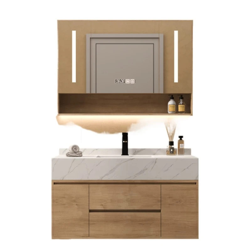 Modern simple rock slab bathroom cabinet combination log color bathroom washbasin
