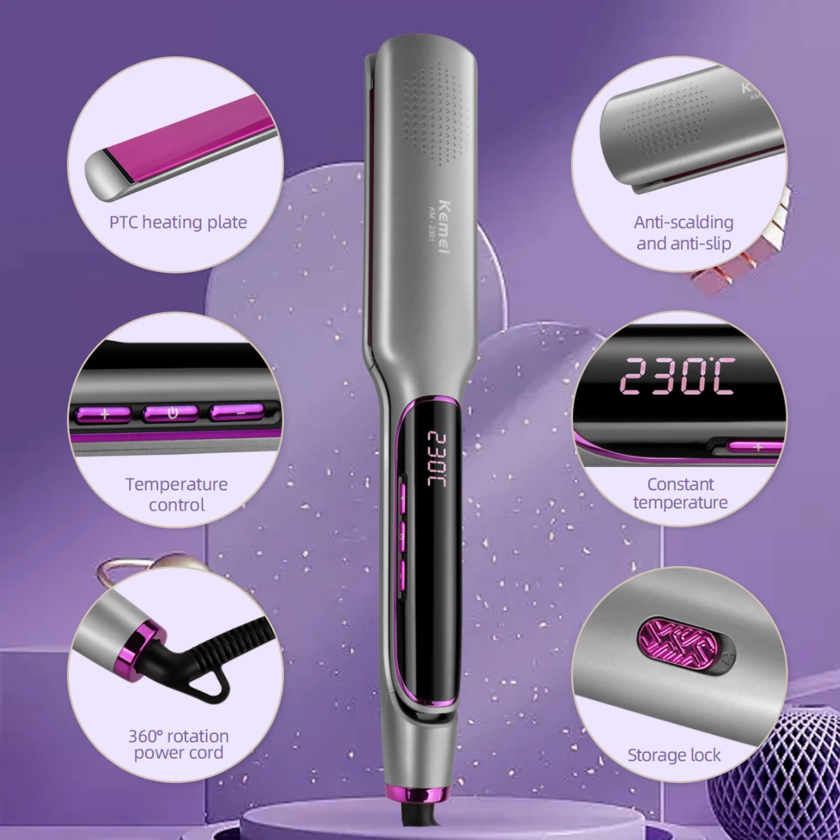 Kemei Professional Hair Straightener With LCD Ceramic Ionic Fast Heat-Up Hair Flat Iron Negative Ion Iron Styling Tools KM-2301 5
