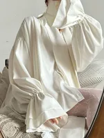Bonboho Women's Elegant Blouse Solid White Buttoned Satin Shirts Lapel Collar Long Puff Sleeves Loose Fit T-shirt with Scarf - Image 6