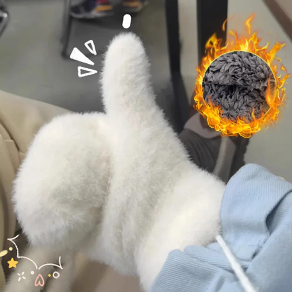 

Женские зимние теплые вязаные плюшевые перчатки с закрытыми пальцами, однотонная Корейская версия, Женская Толстая теплая искусственная кожа кролика, 2023