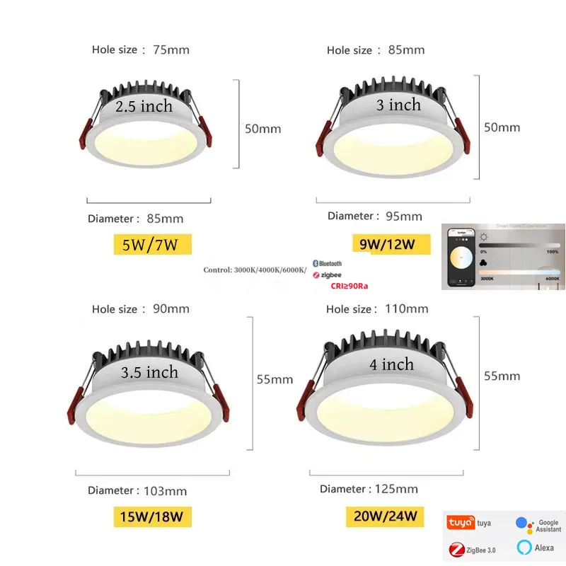 Zigbee 3.0 embedded LED tube light anti glare black and white ceiling light bedroom kitchen indoor AC110V 220V aluminum intellig led downlight recessed ceiling spotlight ceiling lamps led puck light