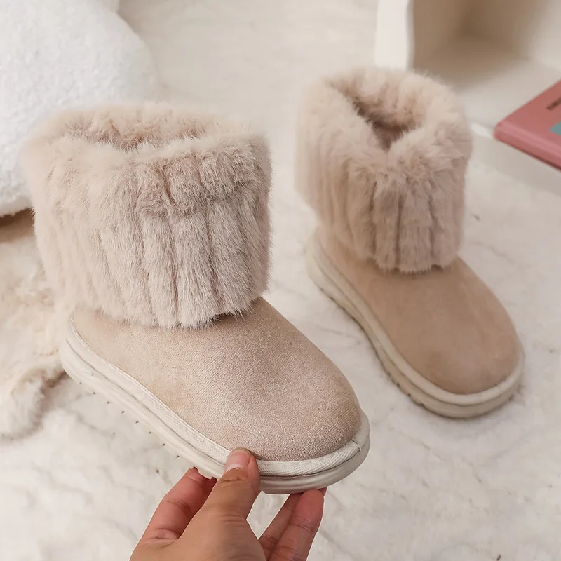 Outdoor Girls Winter Thermal Boots Classic Beige Soft Kids Fashion Ankle Snow Boots Warm Furry Causal Children's Cotton Boots