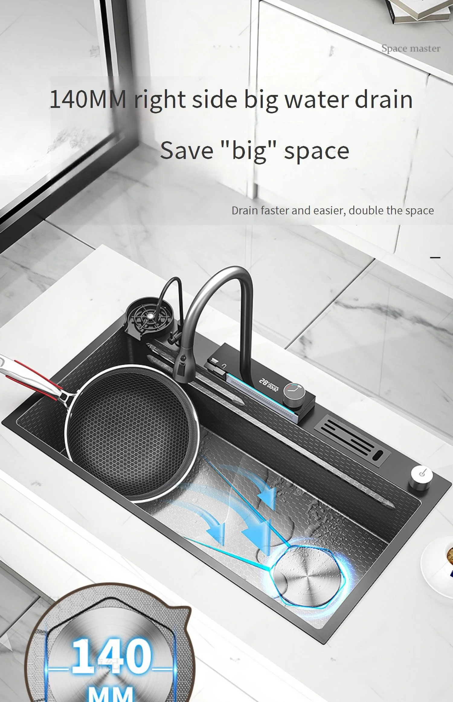 Description Picture 6 of itemStainless Steel Waterfall Kitchen Sink Embossed Extra Large Single Bowl Dishwashing pool Multifunctional Vegetable Wash Basin