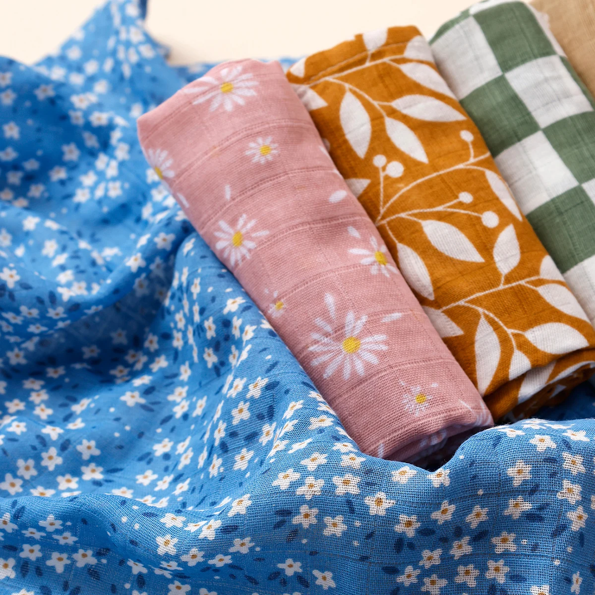 Ultra-Soft Bamboo Cotton Muslin Baby Burp Cloth Set - 5-Piece Multi-Use Towel Collection, 60x60cm