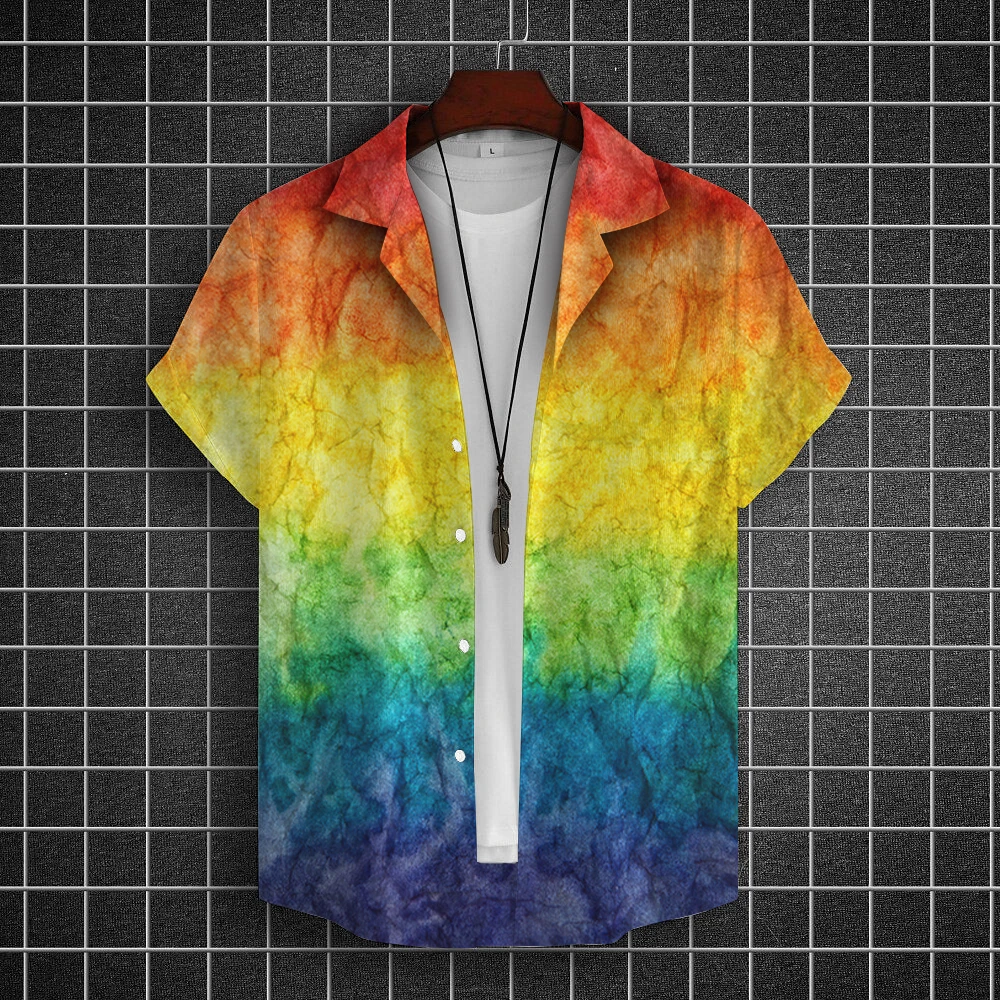 Summer Oversized Romantic Men's Shirt Rainbow Pattern Fashion Short Sleeve Print Top Simple Street Loose Hawaiian casual short sleeved shirt,short sleeved shirt,hawaiian shirt