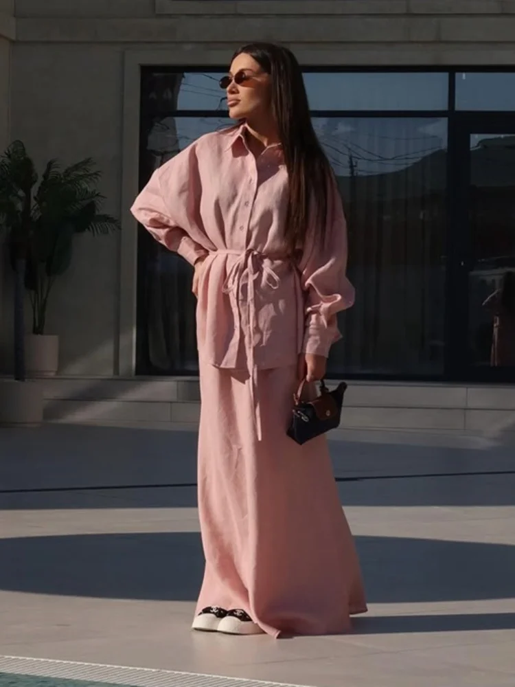 Wmstar Two Piece Sets Women Wholesale Dress Sets New Lapel Tie Loose Long Sleeved Shirt  High Waisted Casual Fall Matching Suit