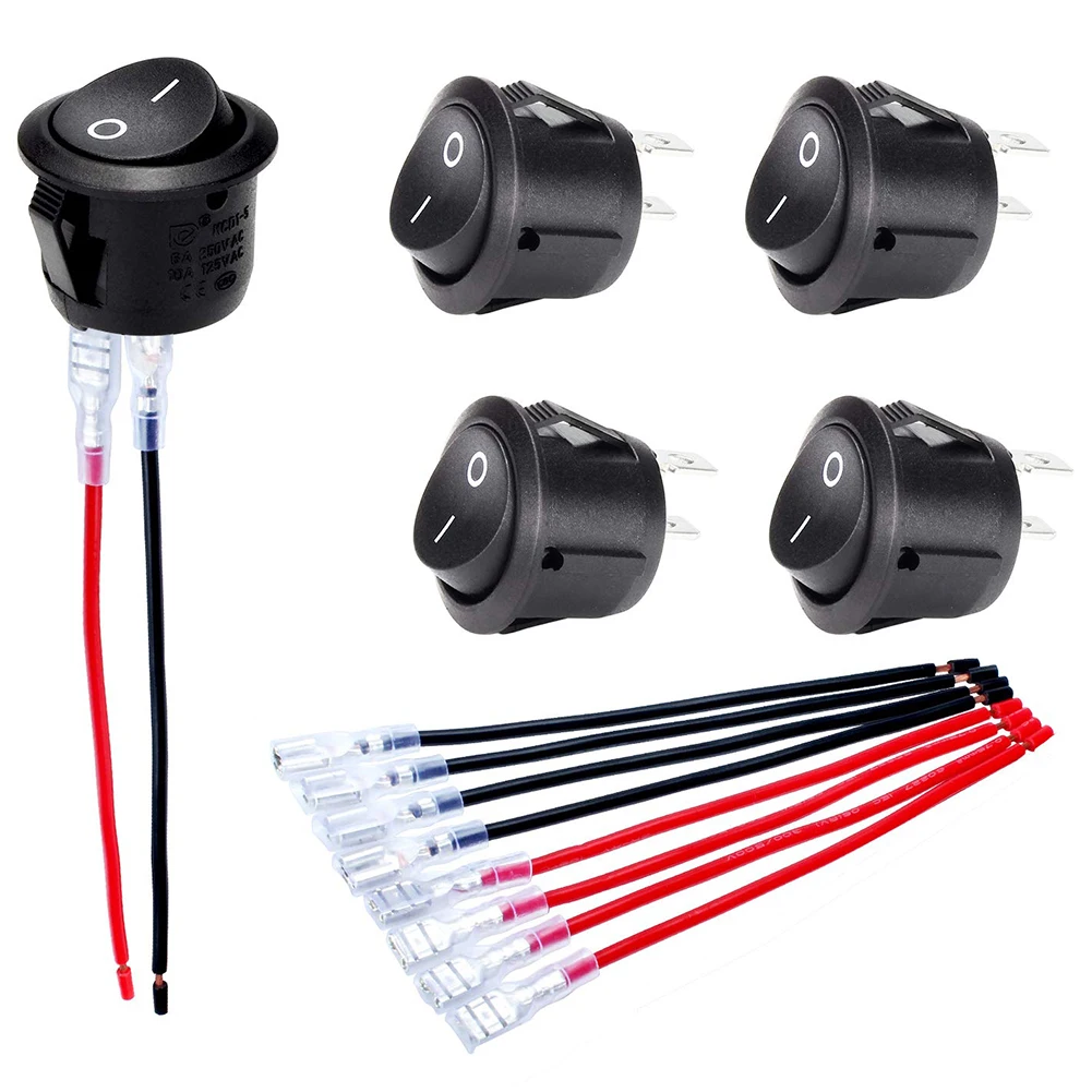 5pcs Car ON/OFF Round Rocker Switch with Cable Group Automotive RV Boats ON Off 20mm DC12V-24V Toggle Switch